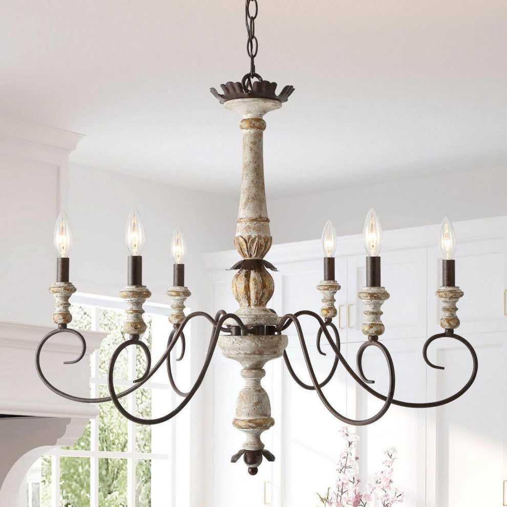 LNC 6-Light French Country Weathered White Wood Chandelier, 31"