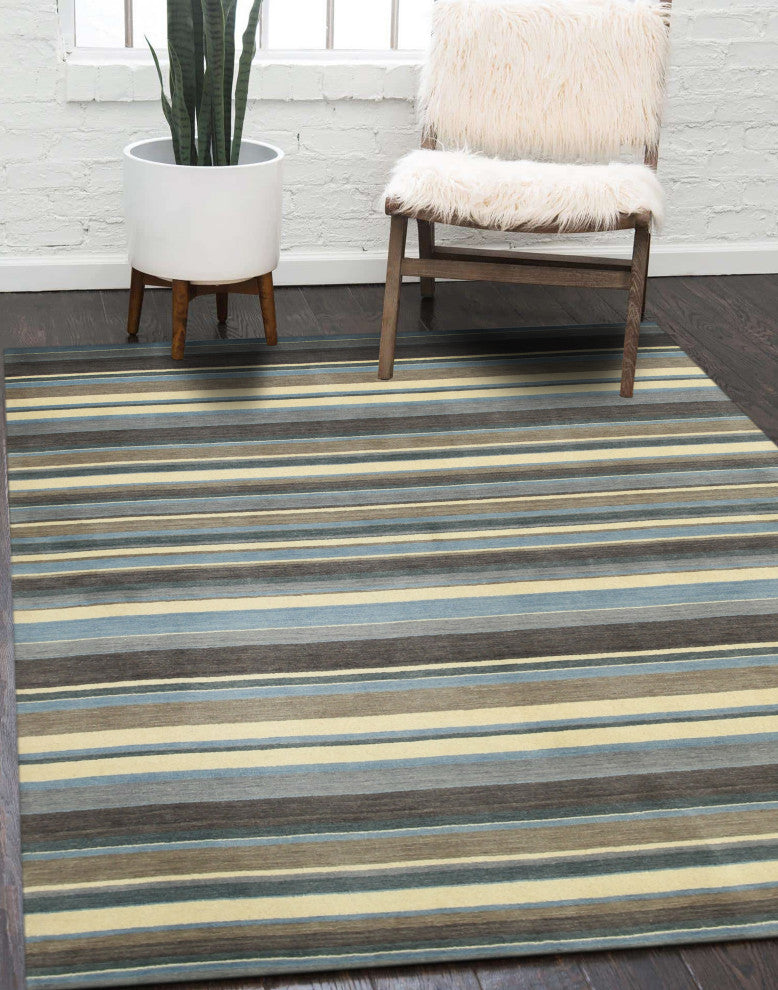Blue/Brown Striped Handmade Wool Rug, 2'x3'