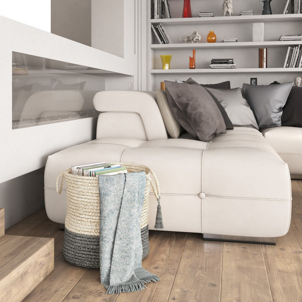 Two-Tone Off-White Jute Decorative Basket With Handles, Frost Gray, 17"