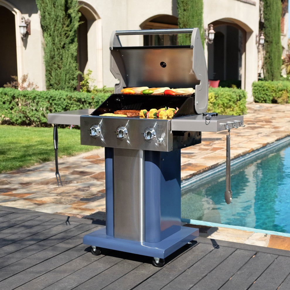 Permasteel 3 Burner Propane Gas Grill with Folding Side Shelves, Azure