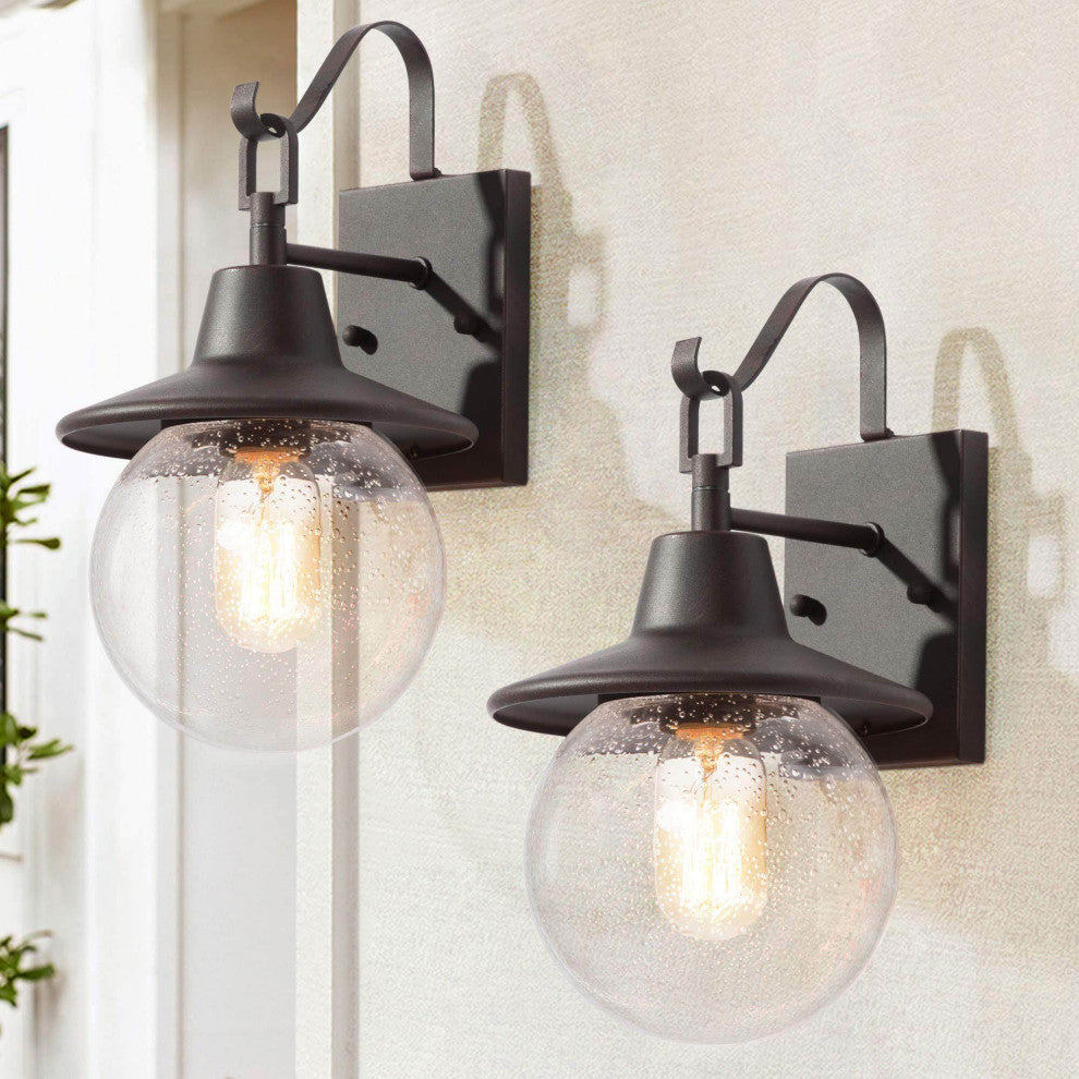 1-Light Bronze Seeded Glass Globe Outdoor Wall Lamp, Set of 2