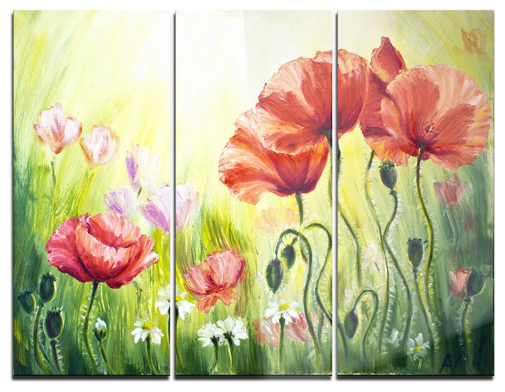 "Poppies in Morning" Glossy Metal Wall Art, 3 Panels, 36"x28"