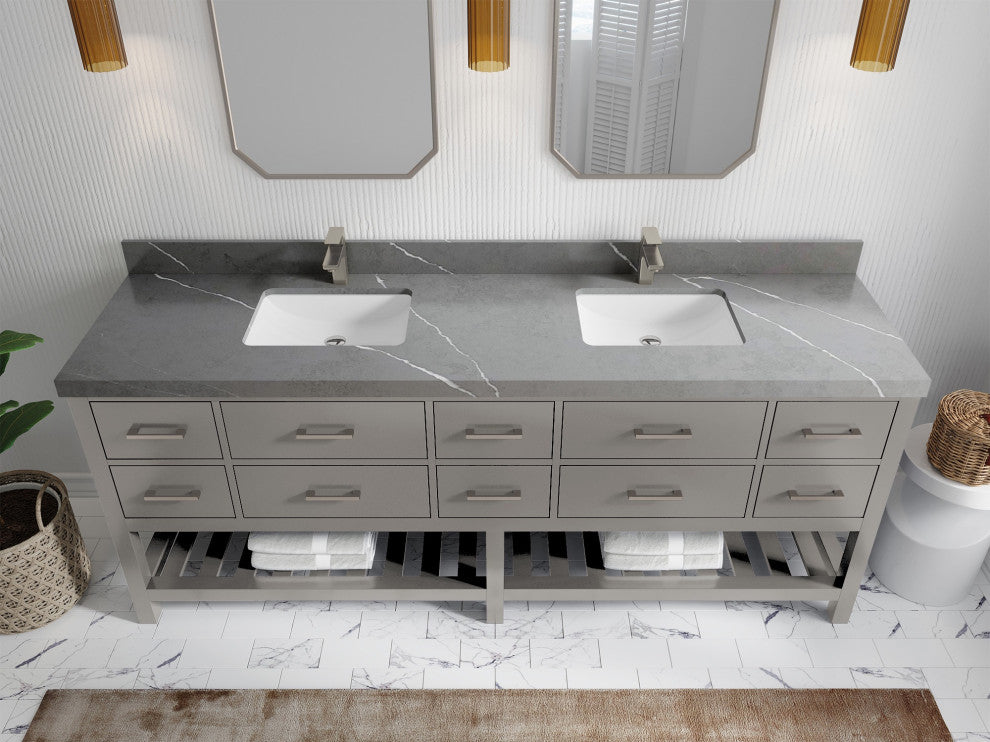 Parker 84 Double Sink Bathroom Vanity Elephant Skin Gray 2" Piatra Gray Quartz