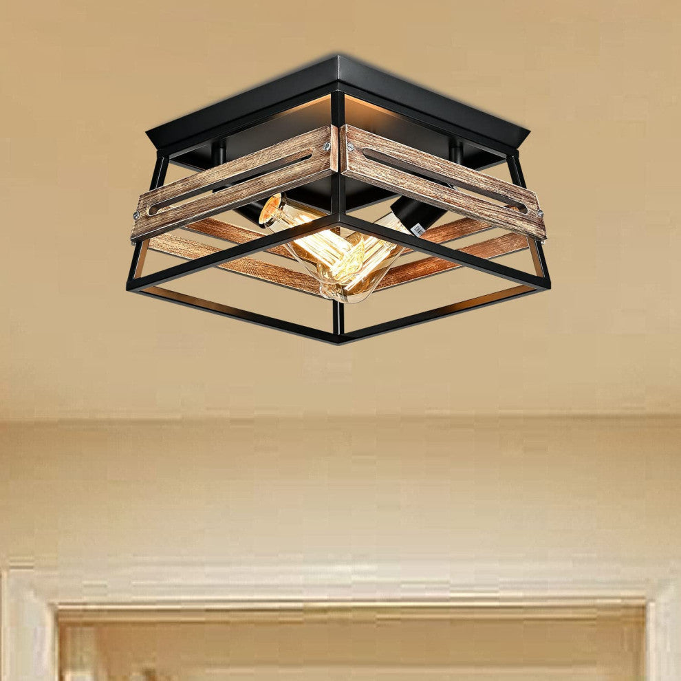 2 Light Semi Flush Mount Ceiling Light Fixture, Farmhouse, Wood