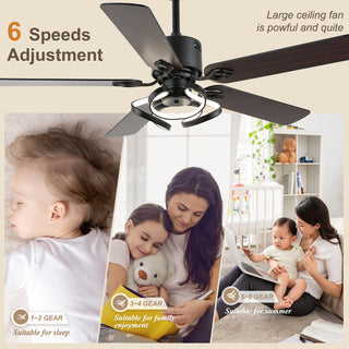 52" Modern Ceiling Fan with 5 Reversible Blades, Remote and LED Light, Black