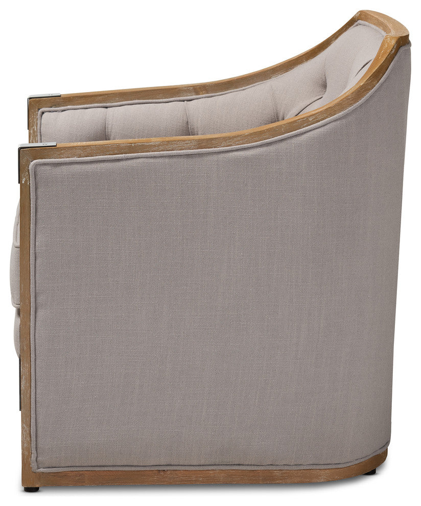 Geraldine Gray-Beige Whitewashed Oak Wood Armchair With Metal Accents