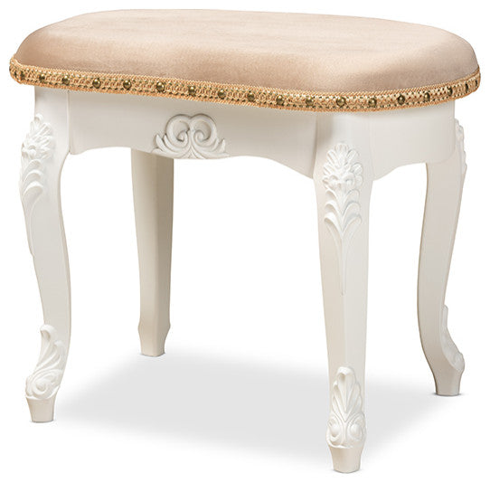 Derwent Sand Velvet Fabric White-Finished Wood Vanity Ottoman