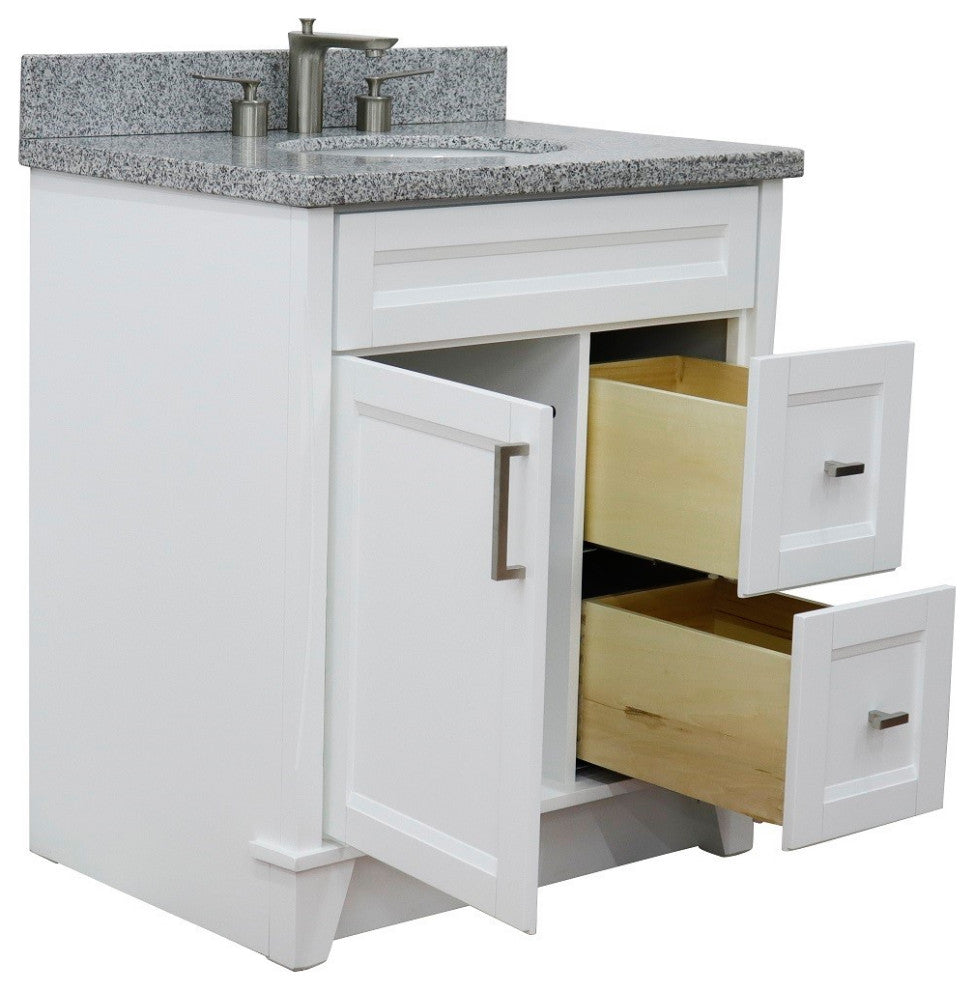 31" Single Sink Vanity, White Finish With Gray Granite With Oval Sink