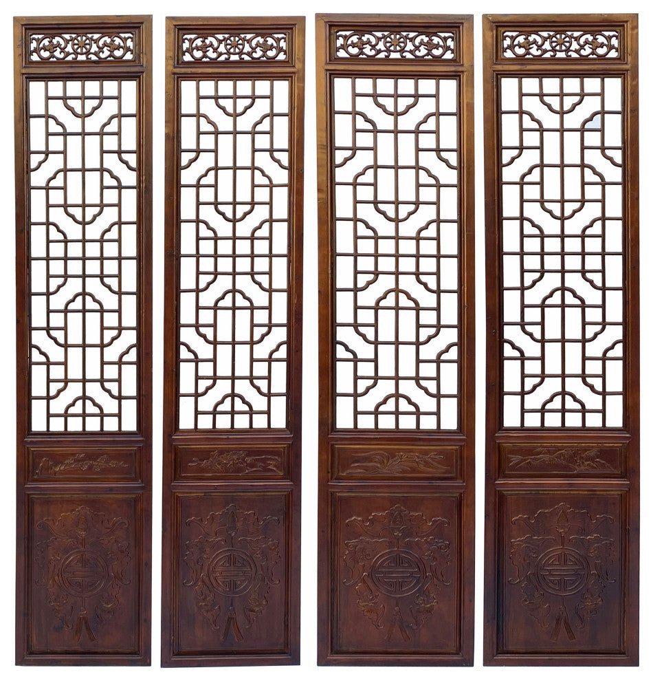 Chinese Brown Geometric Pattern Theme Wood Panel Floor Screen 4pcs Hcs7054