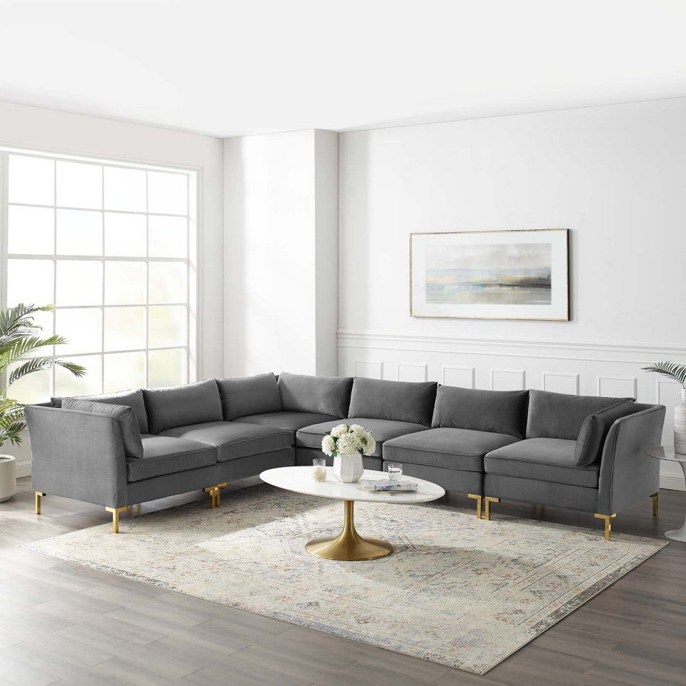 Sectional Sofa Set, Velvet, Gray, Modern, Living Lounge Hotel Hospitality