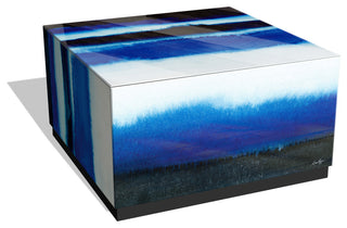 "Blue Run Off I" Reverse Printed Art Glass Cocktail Table with Black Plinth Base