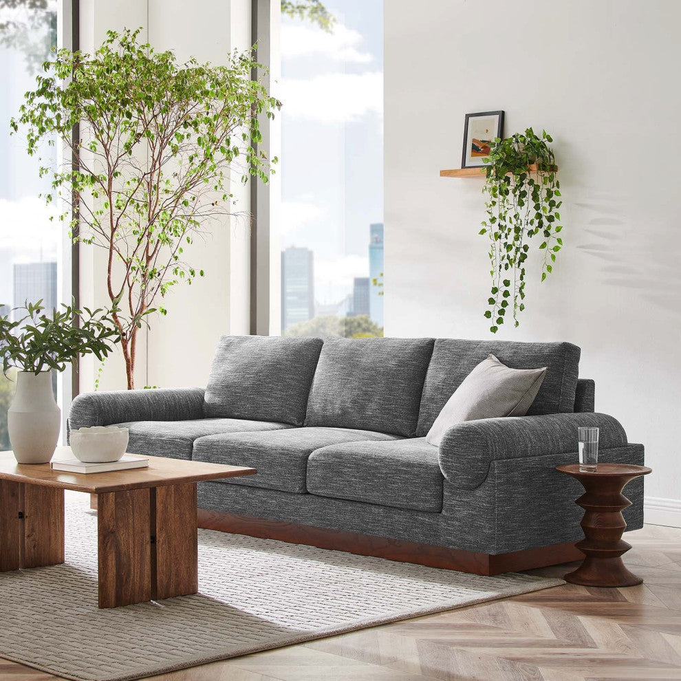 Modern Fabric Sofa with Wooden Plinth Base, Bolster Couch Ivory Fabric , Gray