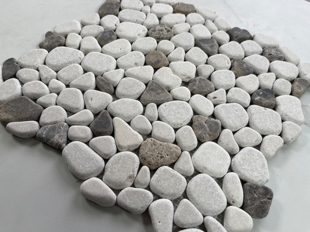 Anti Slip Shower Floor Emperador Beige Marble Pebblestone Tile Tumbled, 1 sheet