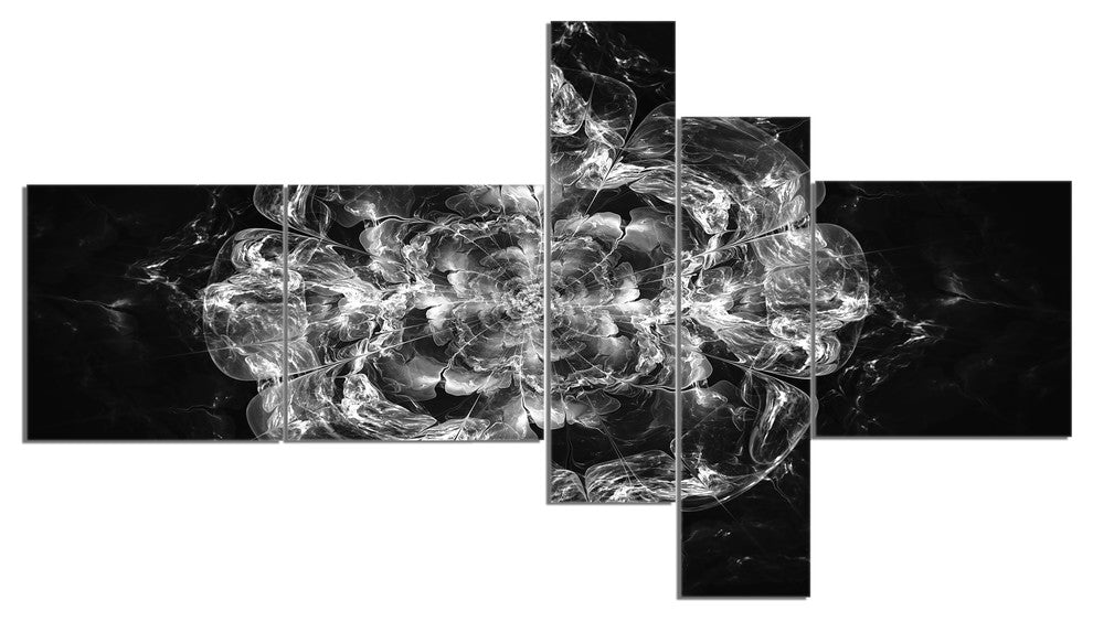 Fractal Silver Flower Explosion, Floral Art Canvas Print, 60"x32", 5 panels