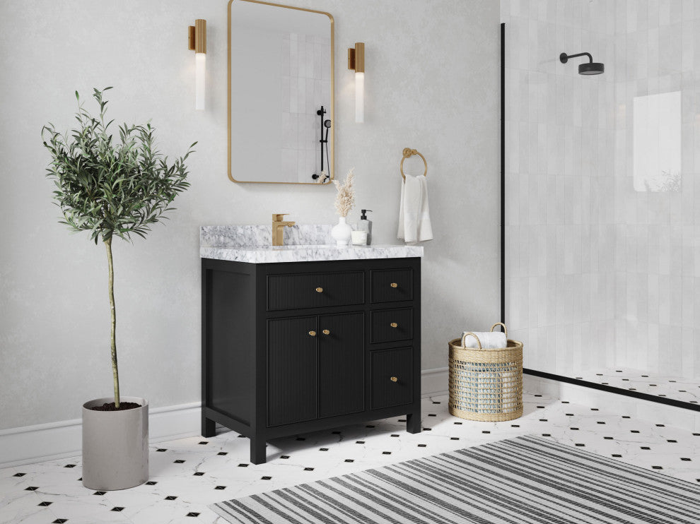 Sonoma 36 Left Offset Reeded  Bath Vanity in Black 2" Calacatta Nuvo