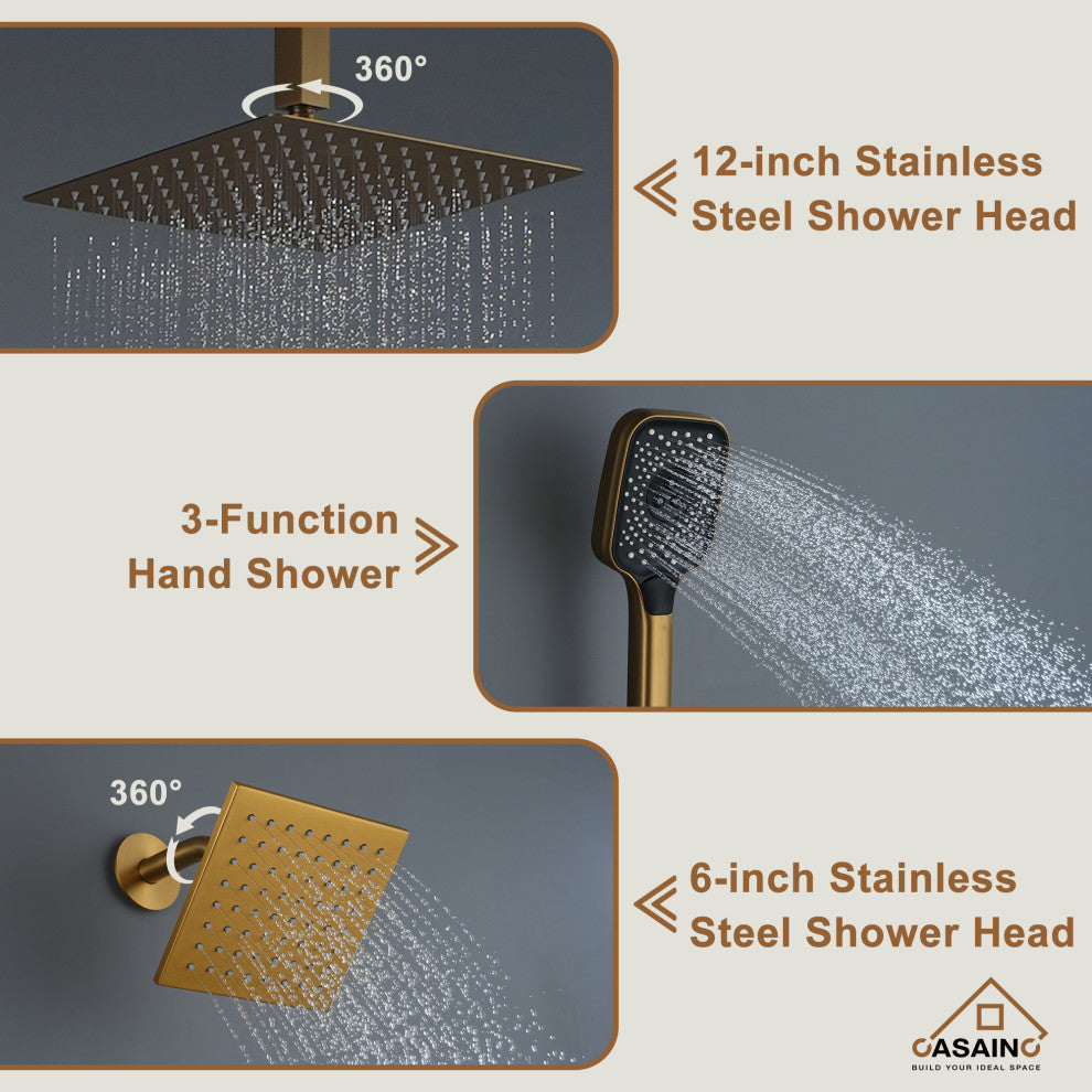 CASAINC 12" Ceiling Mounted Rainfall Shower System Set w Dual Shower Head, Brushed Gold