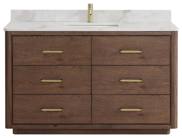 Porto Bath Vanity with White Quartz Stone Top, Dark Brown Oak, 55 in., No Mirror