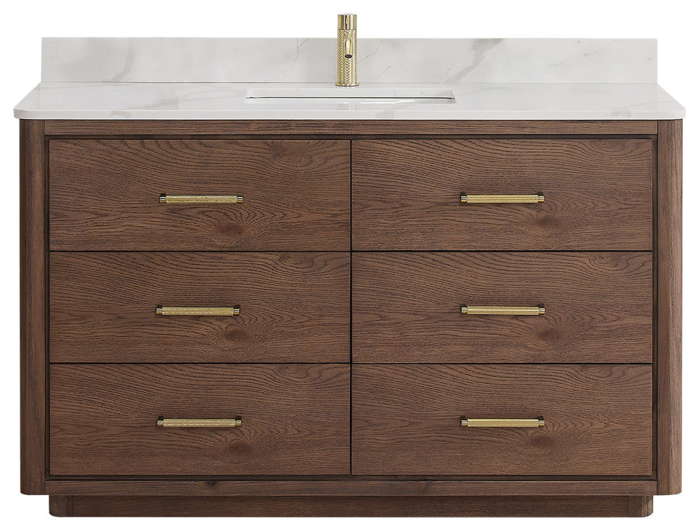 Porto Bath Vanity with White Quartz Stone Top, Dark Brown Oak, 55 in., No Mirror