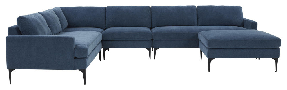Serena Blue Velvet Large Chaise Sectional With Black Legs