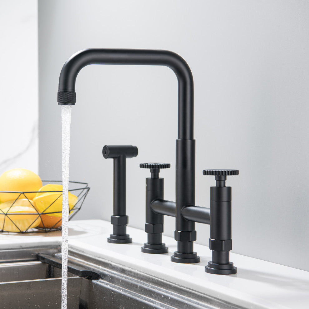 Deck-Mount Bridge Kitchen Sink Faucet With Dual Wheel Handles and Side Sprayer,
