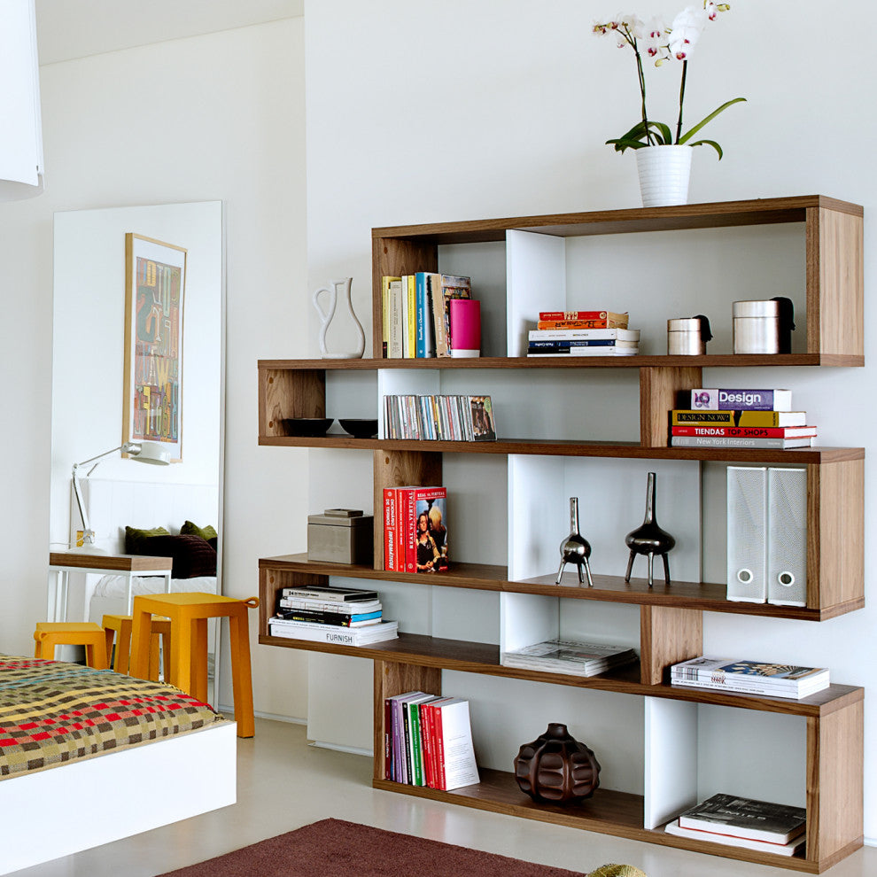 Modern Large Modular Display 2 Tone Shelves, Walnut Frame/White Backs