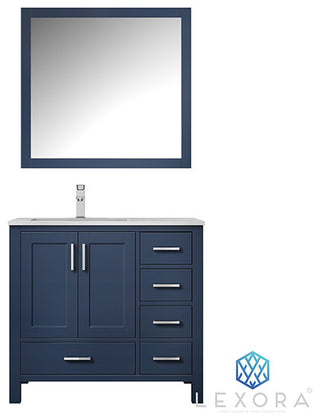 Jacques 36" Vanity, Wht Carrara Marble Top w/ 34" Mirror, Navy Blue, Left