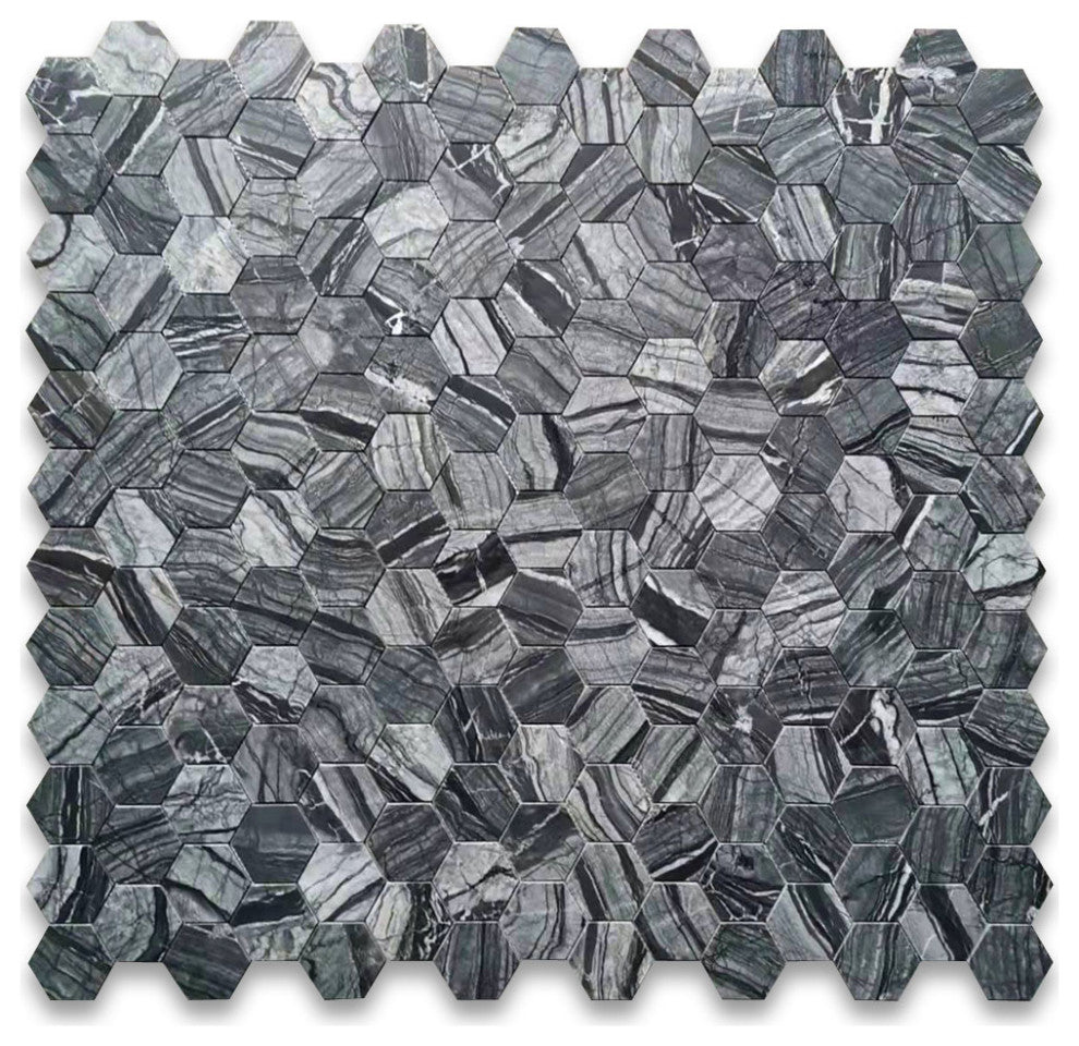 Silver Wave Black Forest Marble 3 Hexagon Wall Floor Mosaic Tile Honed, 1 sheet