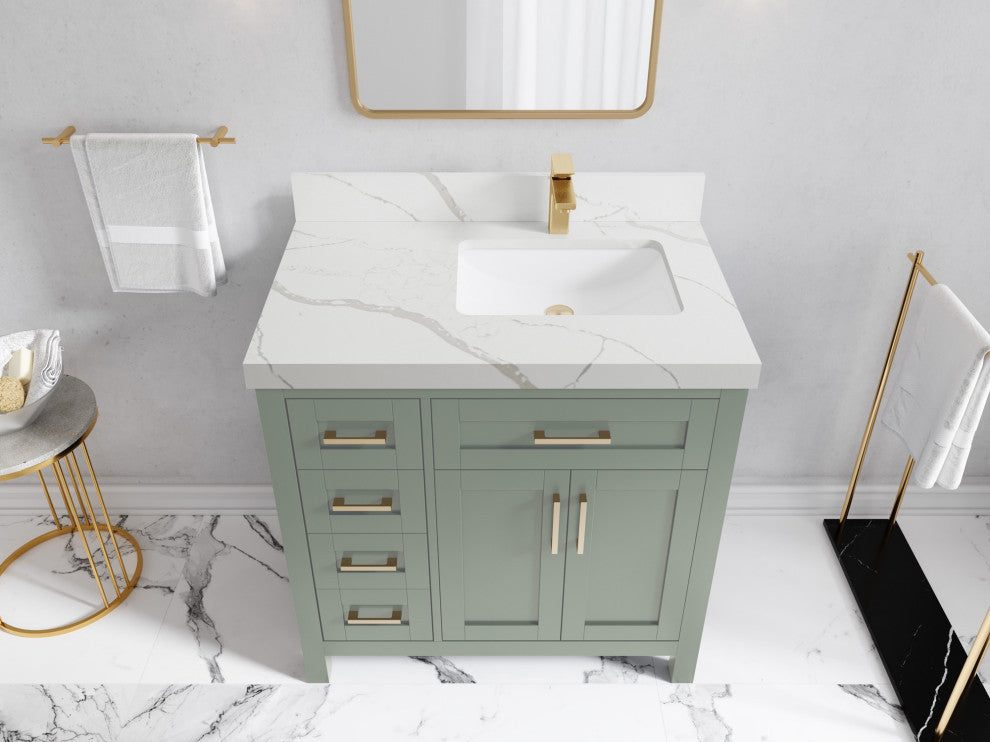 Cambridge 36" Right Offset Bath Vanity in Evergreen 2" Calacatta Laza