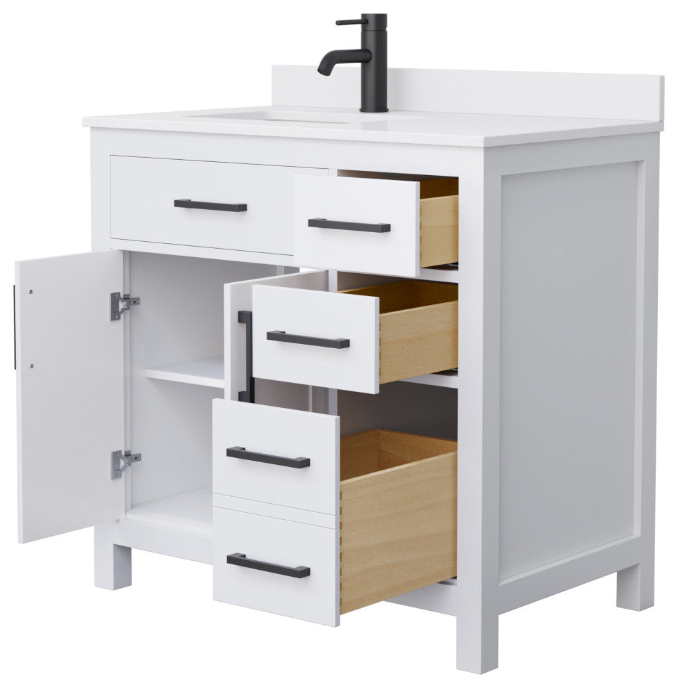 Beckett 36" White Single Vanity, White Cultured Marble Top, Black Trim