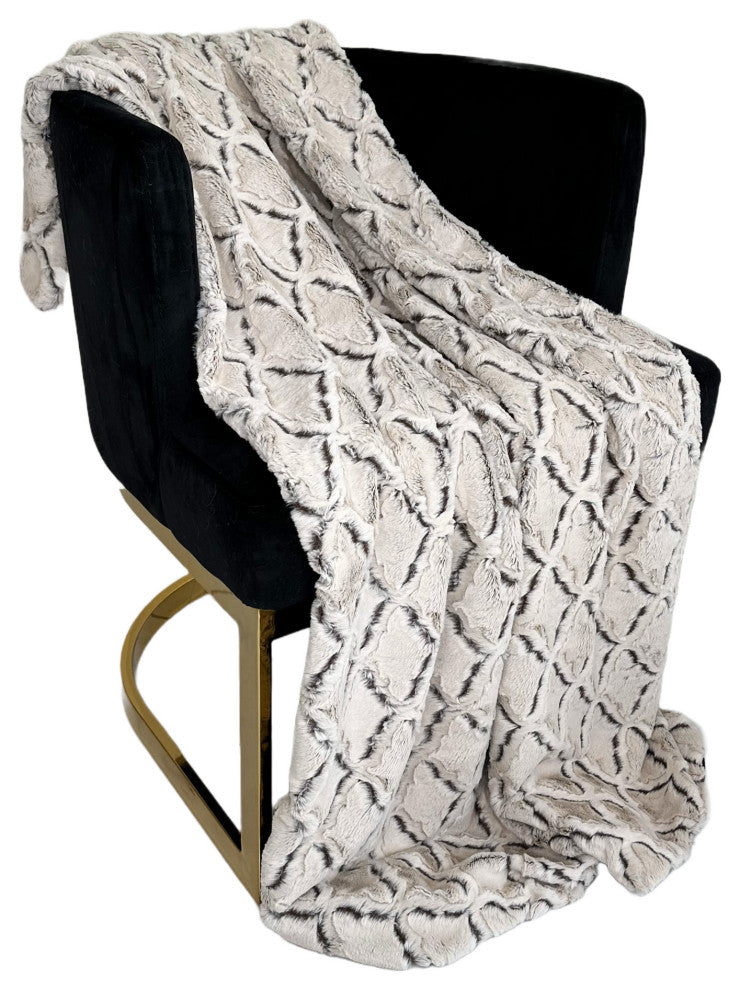 Plutus Brown Beige Diamond Faux Fur Throw Blanket, 90"L x 90"W Full