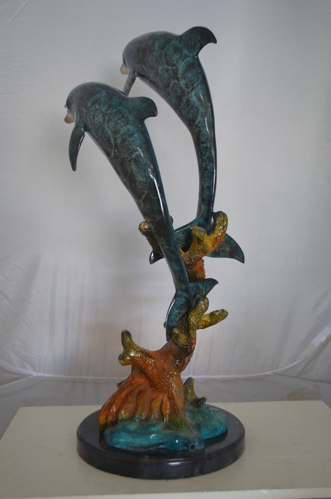 Two Dolphins fountain Bronze Statue on a marble -  Size: 19"L x 15"W x 36"H.