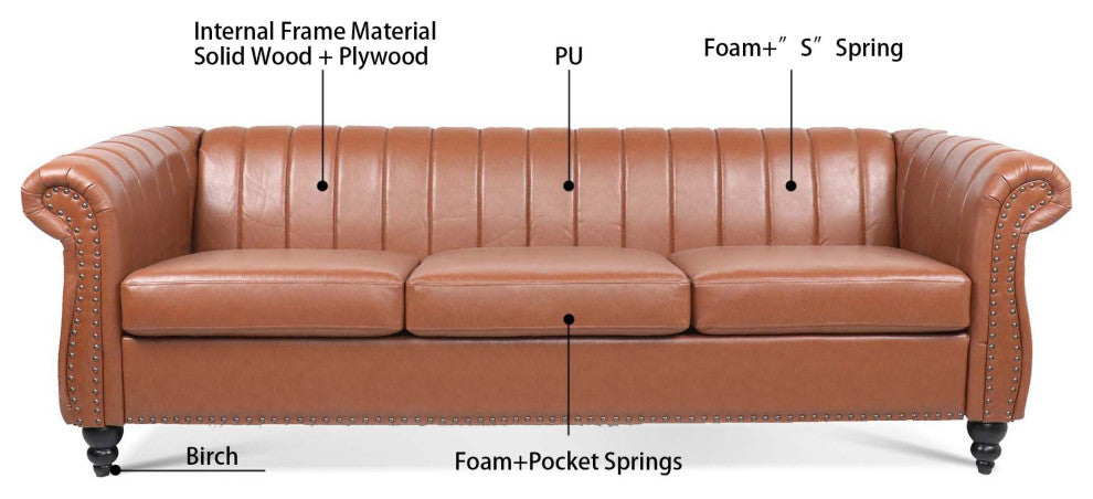 83" Faux leather Rolled Arm Sofa with Nailhead Trim, Brown, 83'' X 33''