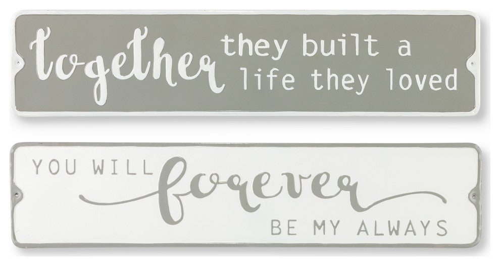 Set of 2, 38.39" White and Gray Embossed Metal Inspirational Signs