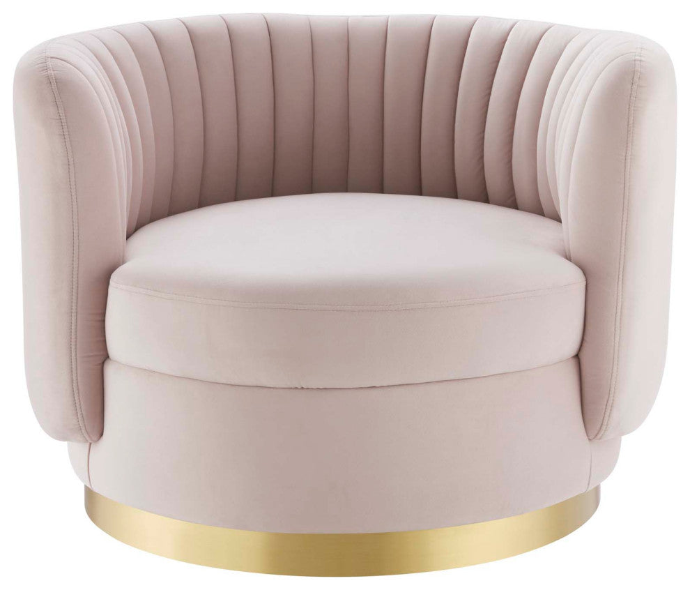 Armchair Swivel Accent Tufted Chair, Pink Gold, Velvet, Modern, Hospitality