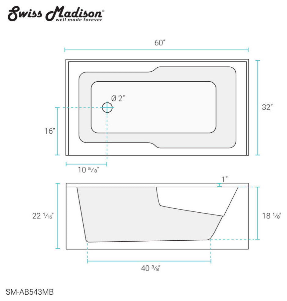 Voltaire Acrylic Alcove Integral Armrest Bathtub with Apron, Matte Black, 60"x32