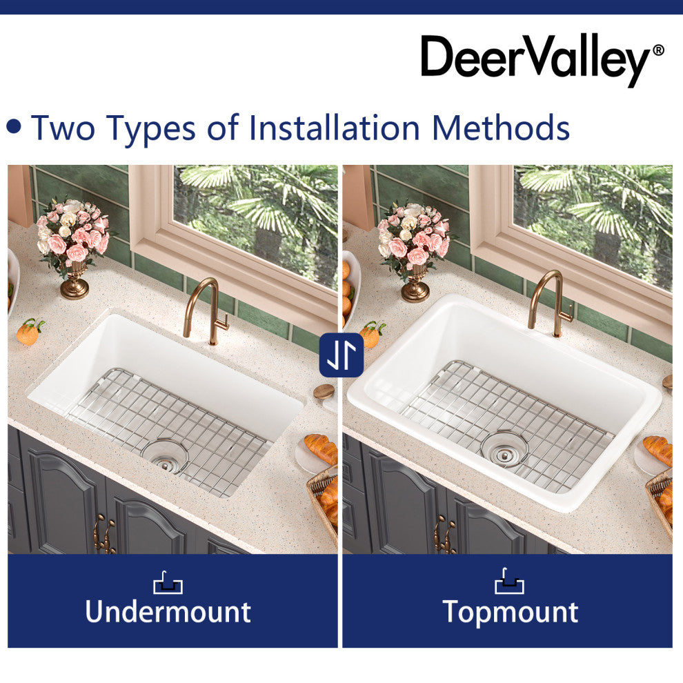 27"L x 19"W Undermount Fireclay Kitchen Sink with Sink Grid and Basket Strainer