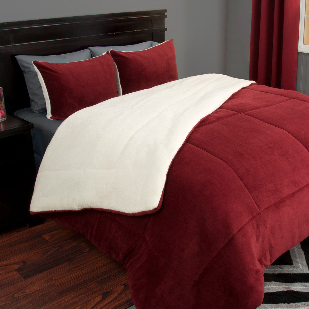 Sherpa/Fleece Comforter Set, Burgundy, King, 3 Piece