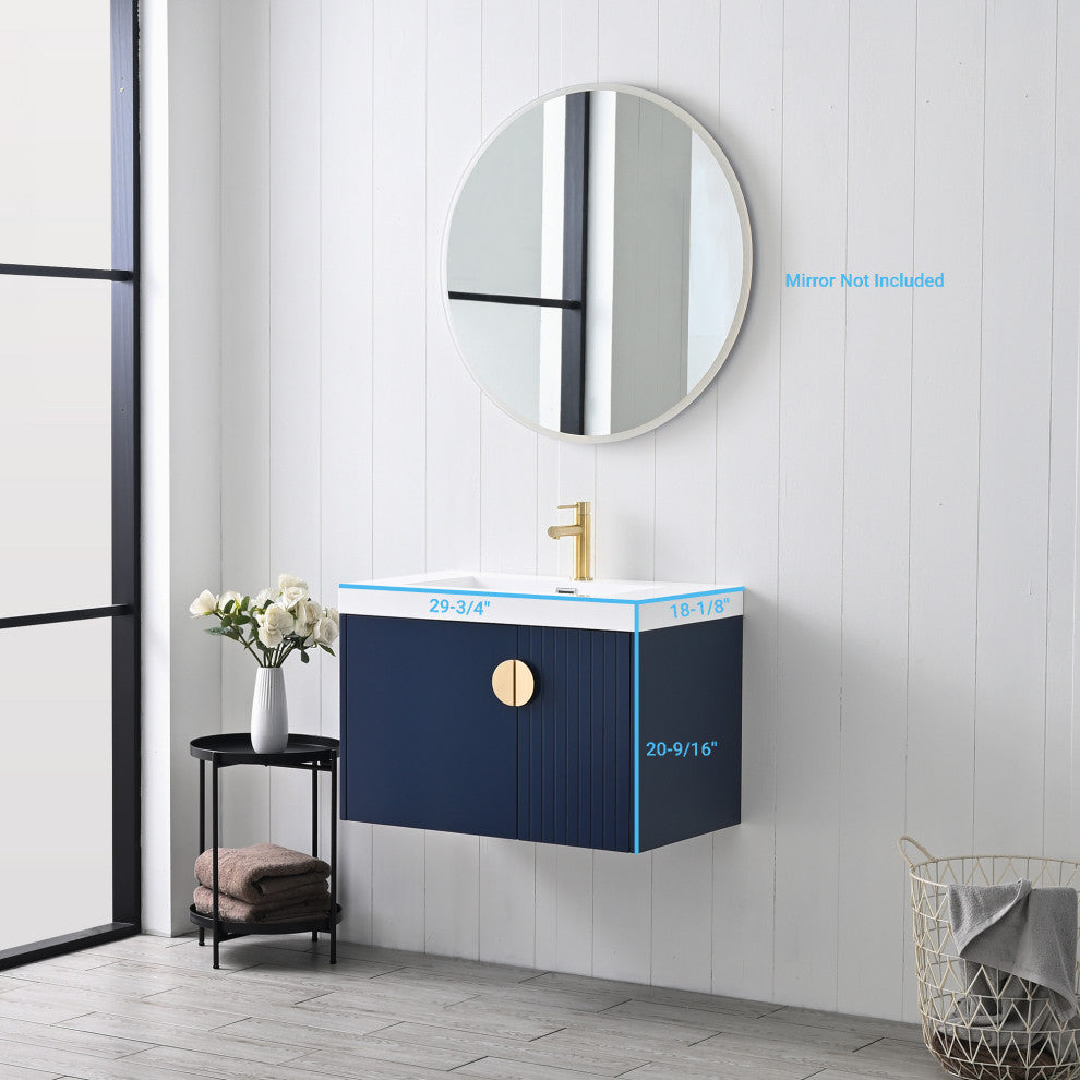 Floating Bathroom Vanity with Sink, Wood Bathroom Vanity Cabinet, Blue, 30"