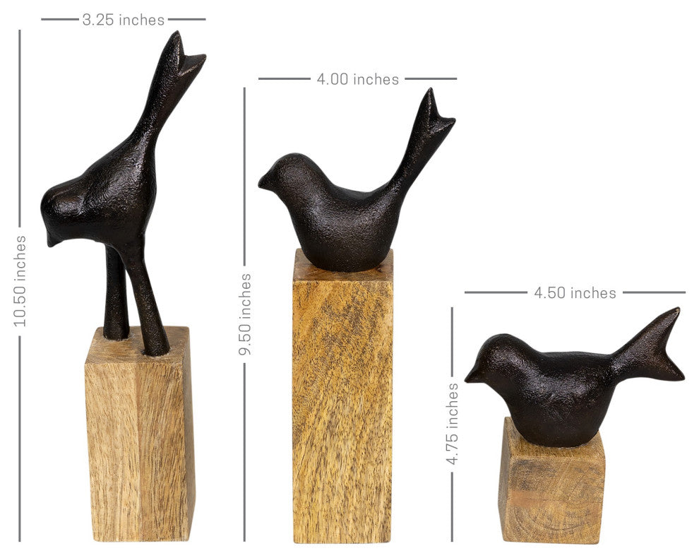 Modern Farmhouse Wood and Iron Bird Sculpture Trio