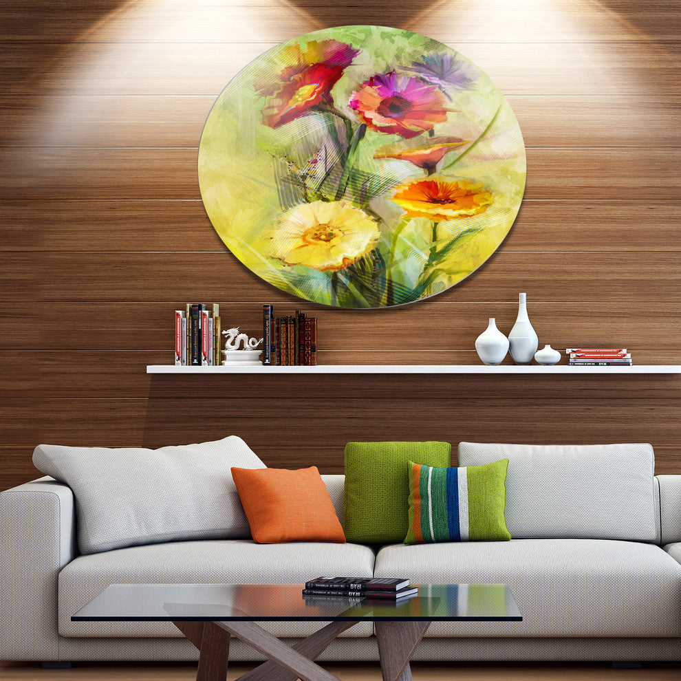 Bouquet Of Gerbera Flowers Watercolor, Floral Round Metal Wall Art, 11"