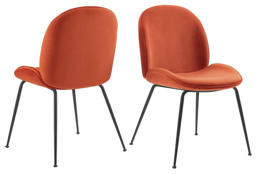 Side Dining Chair, Set of 2, Velvet, Metal, Orange, Modern, Bistro Restaurant