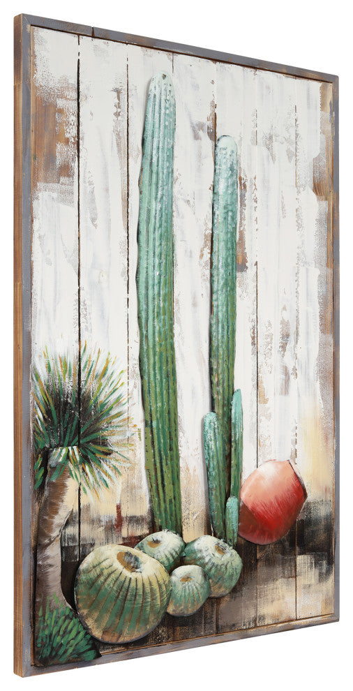 "Cacti" Metal Wall Art Hand Painted on Rugged Wooden Blocks Wall Sculpture