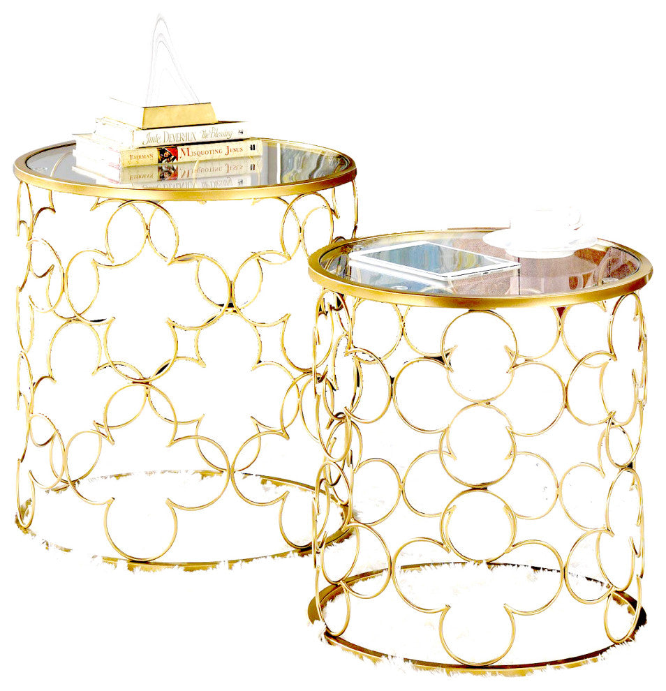 Benzara BM250298 2 Piece Round Nesting Table With Lattice Metal Base, Gold