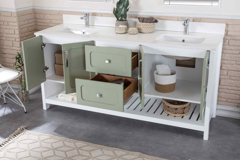 Florin Collection 72" Bathroom Vanity With Sink, Mirror, Countertop, Green