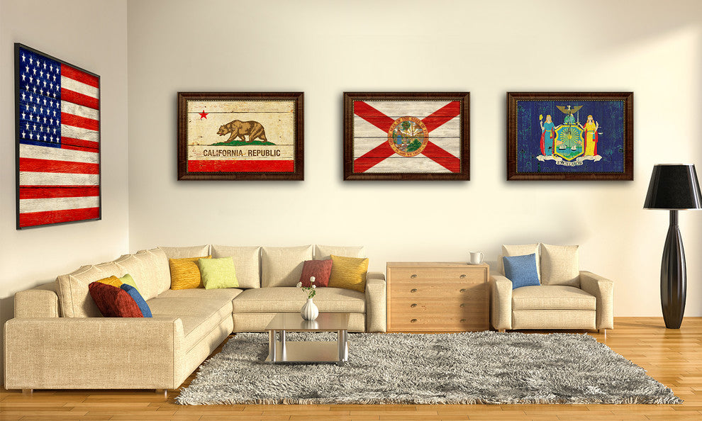Florida State Textured Flag Print With Brown Gold Frame, 15"X21"