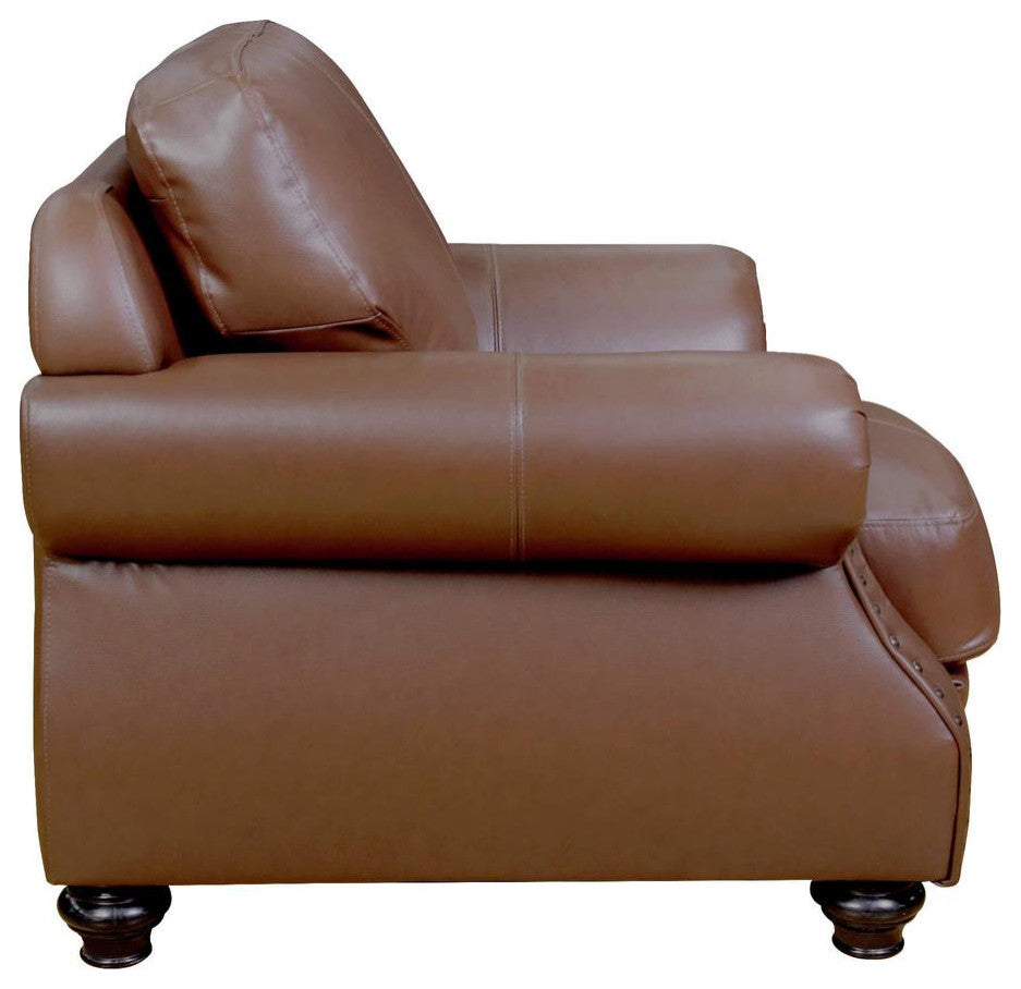 42" Wide Top Grain Leather Armchair, Chestnut Brown Rolled Arm Accent Chair