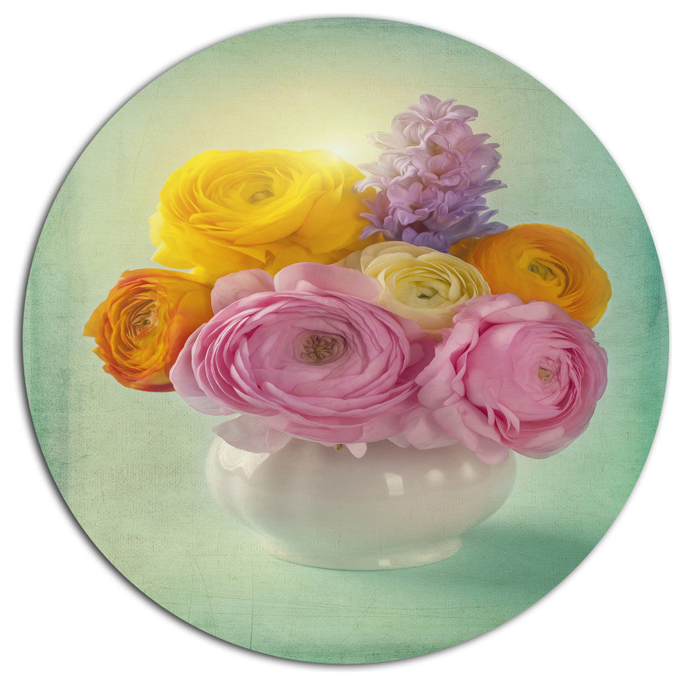 Pink And Yellow Ranunculus Flowers, Floral Round Metal Wall Art, 11"
