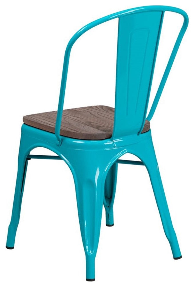Crystal Teal-Blue Metal Stackable Chair With Wood Seat