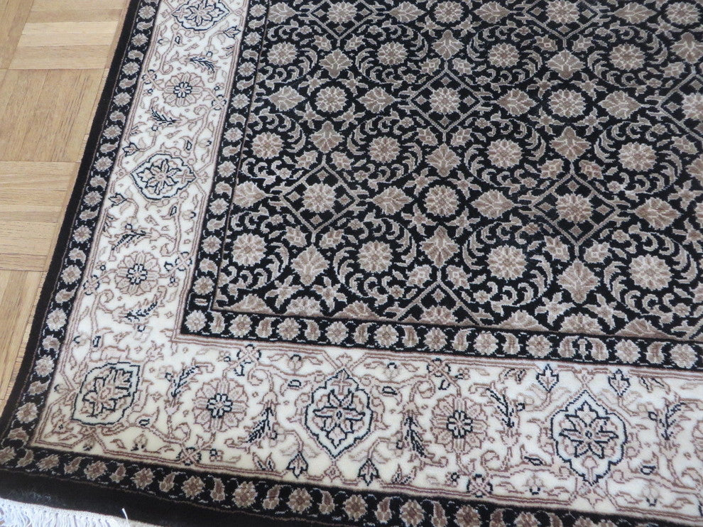 4x6 Handmade Black Fine Herati Tabriz Oriental Rug With Silk