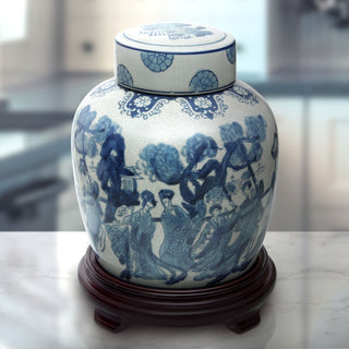 10" Ladies Blue and White Porcelain Ginger Jar